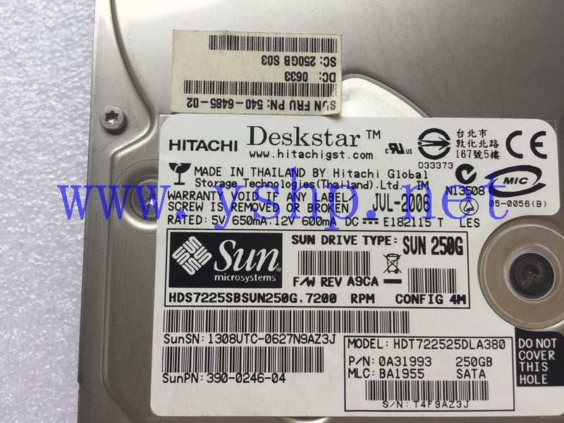 上海源深科技 SUN 工作站专用硬盘 SATA 250GB 7200RPM 540-6485-02 390-0246-04 HDT722525DLA380 高清图片