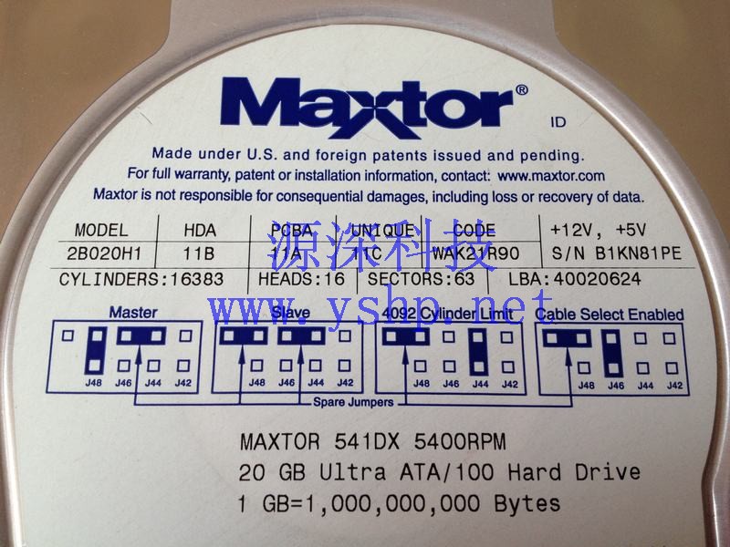 上海源深科技 Shanghai   迈拓 MAXTOR 20G IDE Hard disk   2B020H1 高清图片