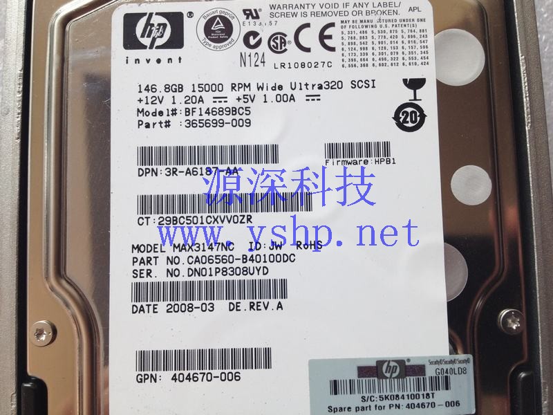 上海源深科技 Shanghai   HP 146.8GB 15000RPM SCSI Server Hard disk   MAX3147NC 404712-001 高清图片