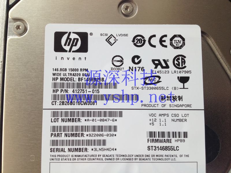 上海源深科技 Shanghai   HP  original   Server  Storage   146G 146.8 15K SCSI Hard disk   412751-015 高清图片