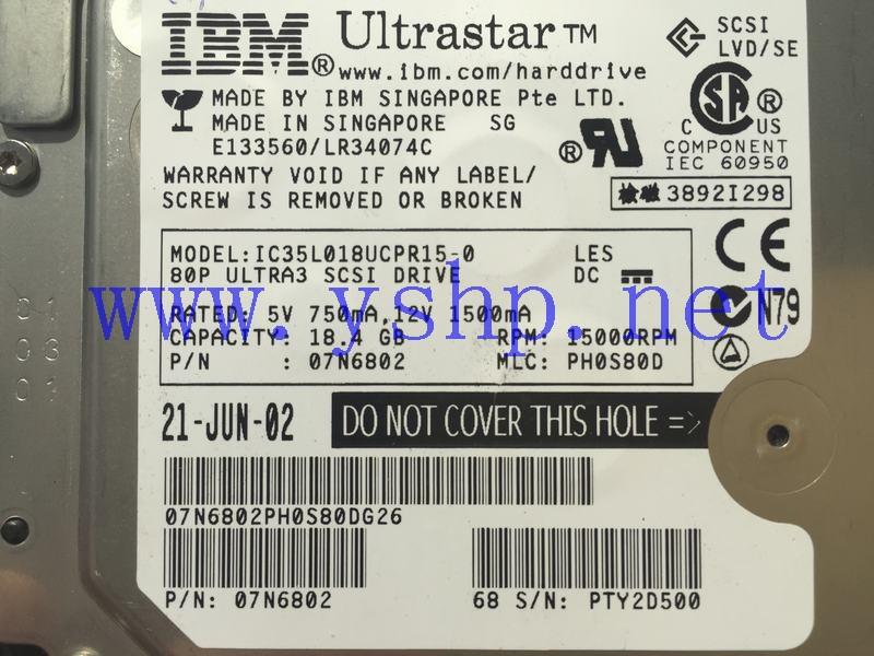 上海源深科技 Shanghai   IBM 18.4GB SCSI Server Hard disk   15K 07N6802 IC35L018UCPR15-0 高清图片