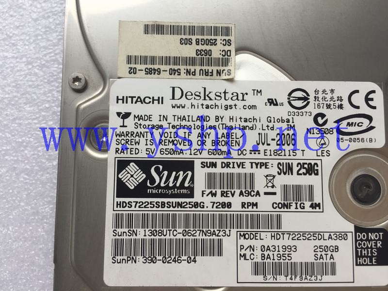 上海源深科技 SUN  Hard disk   SATA 250GB 7200RPM 540-6485-02 390-0246-04 HDT722525DLA380 高清图片